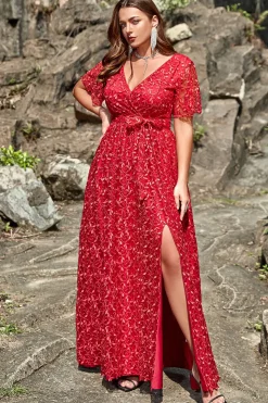 A Line Rojo Renda Vestido de Festa