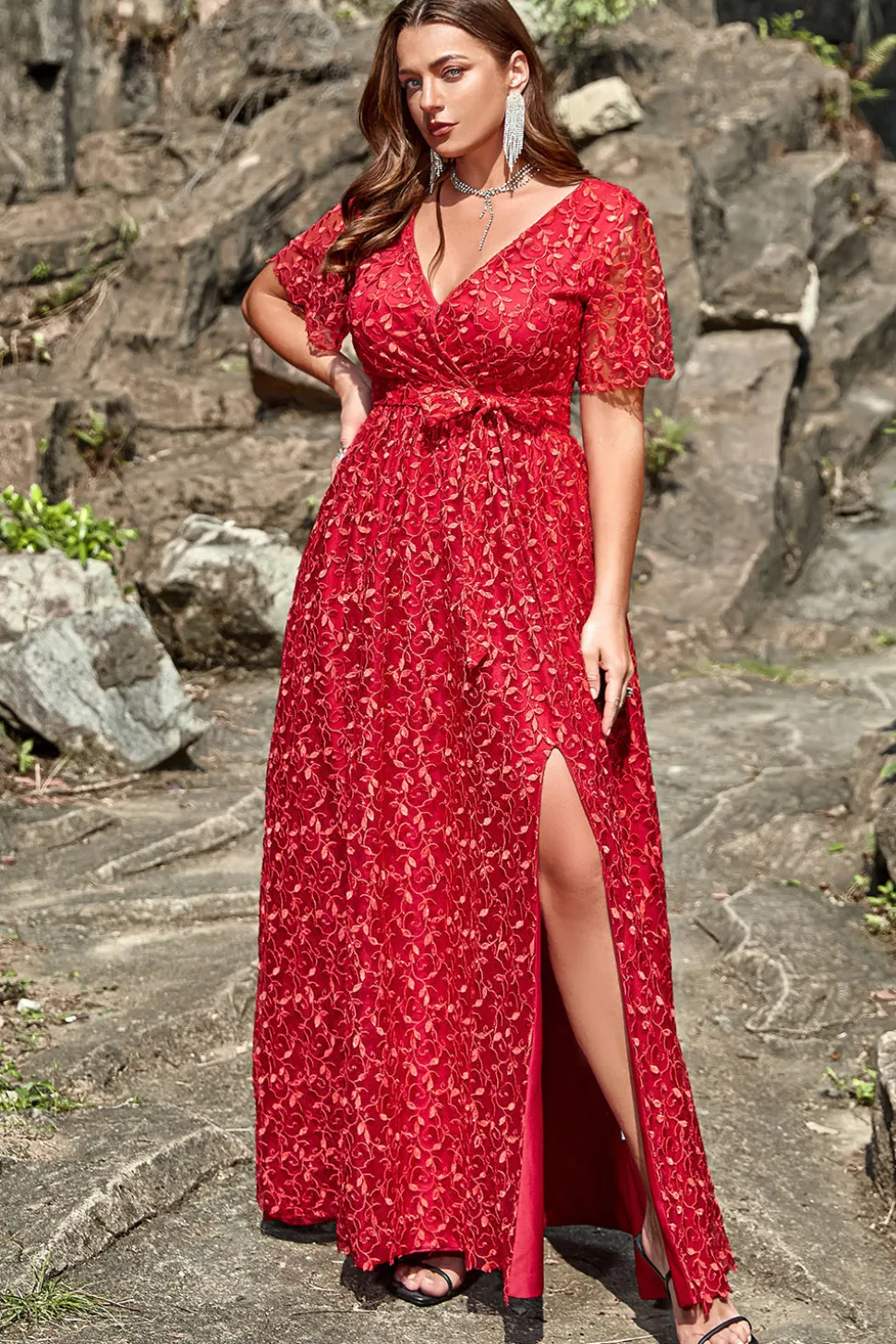 A Line Rojo Renda Vestido de Festa