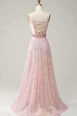 A Line Rosa Vestido de Cerimónia Cintas de Espaguete