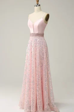 A Line Rosa Vestido de Cerimónia Cintas de Espaguete