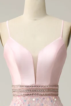 A Line Rosa Vestido de Cerimónia Cintas de Espaguete