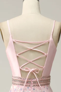 A Line Rosa Vestido de Cerimónia Cintas de Espaguete