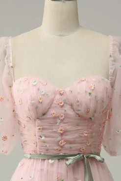 A Line Rosa Vestido de Festa com Bordados