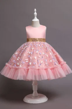 A Line Rosa Vestido de Menina Com Apliques