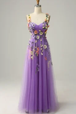 A Line Roxo Espaguete Alças Vestido de Festa Com Flores 3D