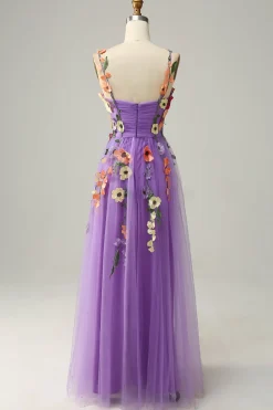 A Line Roxo Espaguete Alças Vestido de Festa Com Flores 3D