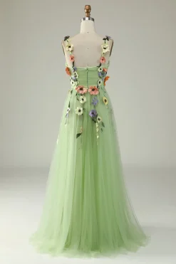A Line Roxo Espaguete Alças Vestido de Festa Com Flores 3D