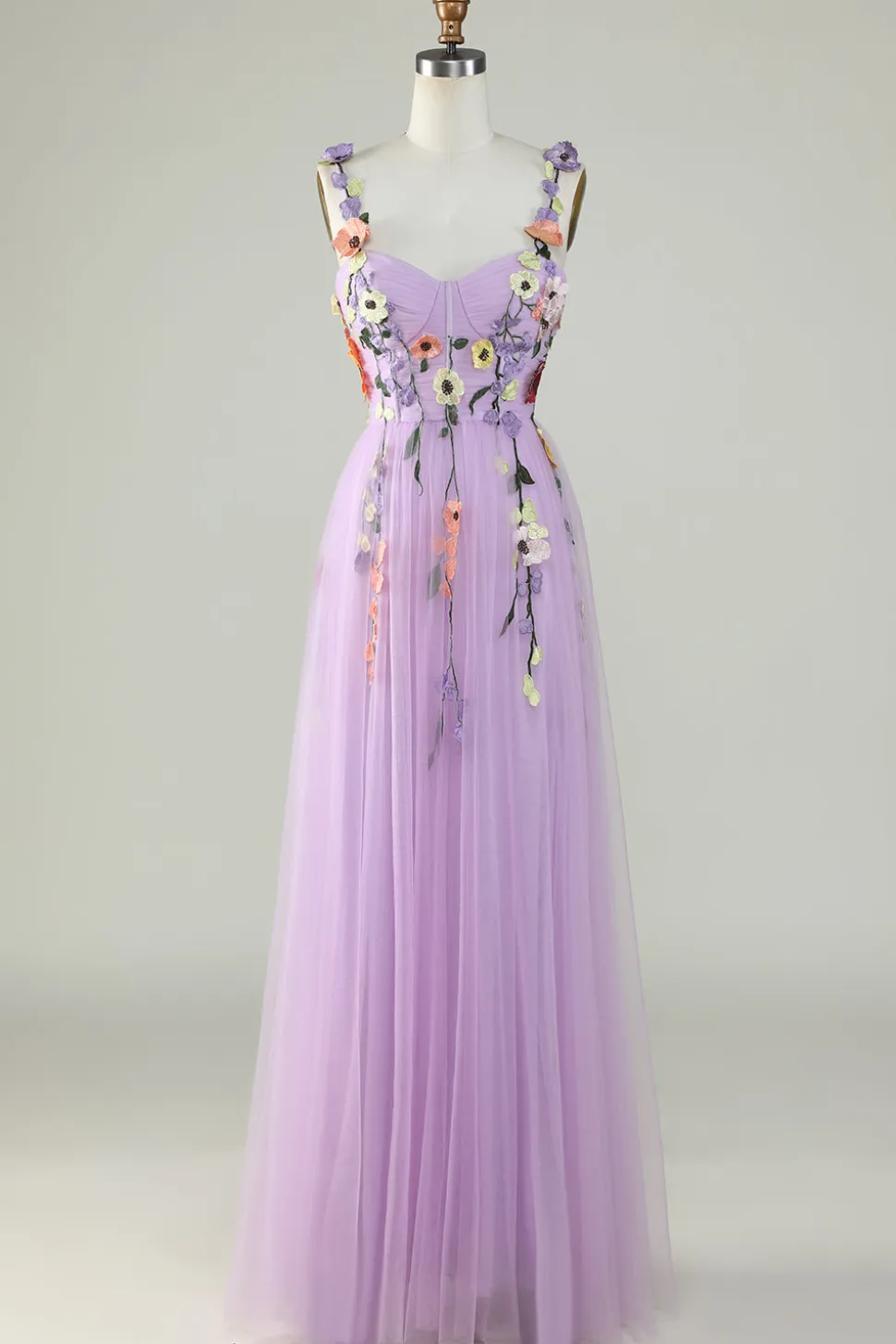 A Line Roxo Espaguete Alças Vestido de Festa Com Flores 3D