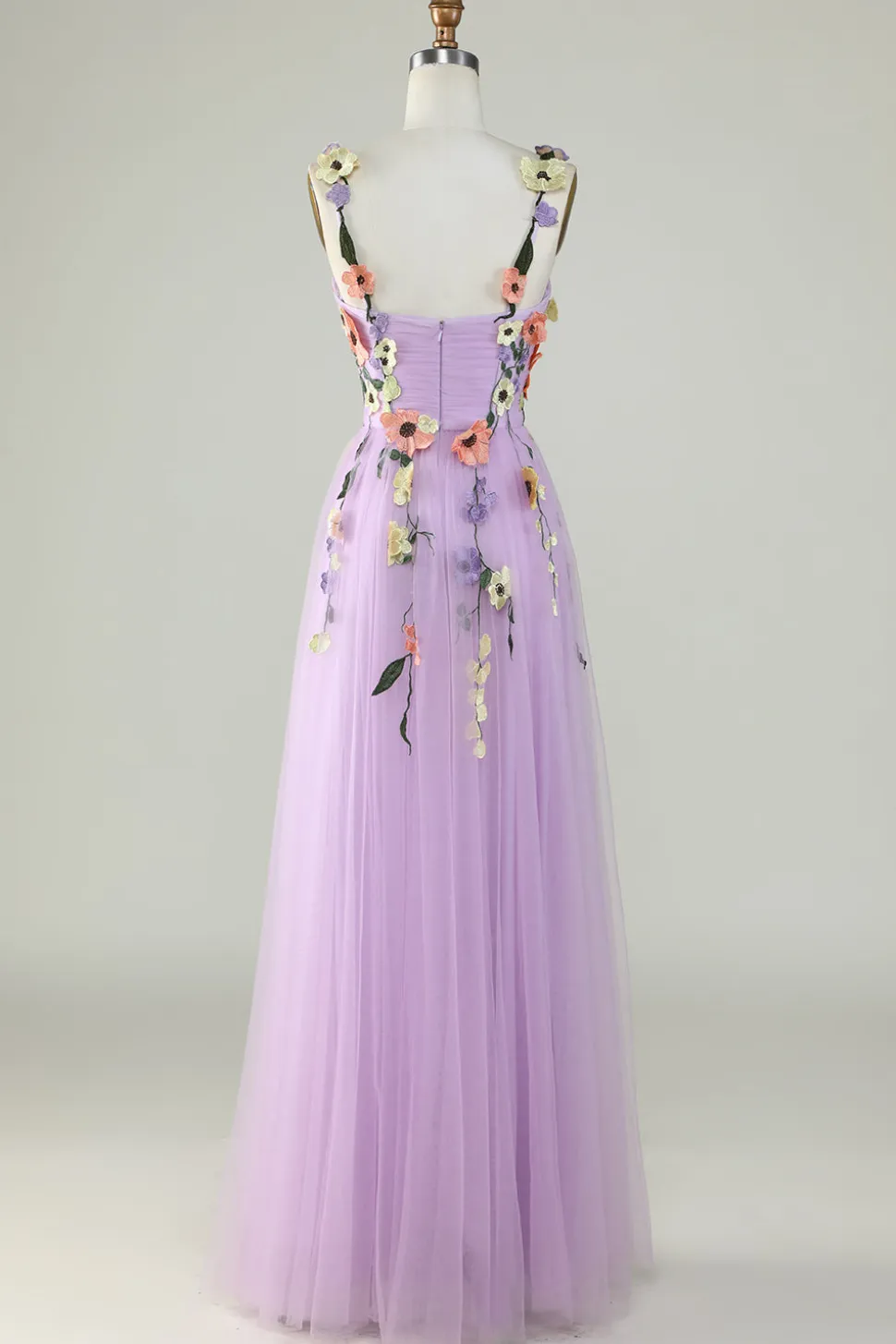 A Line Roxo Espaguete Alças Vestido de Festa Com Flores 3D