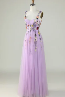 A Line Roxo Espaguete Alças Vestido de Festa Com Flores 3D