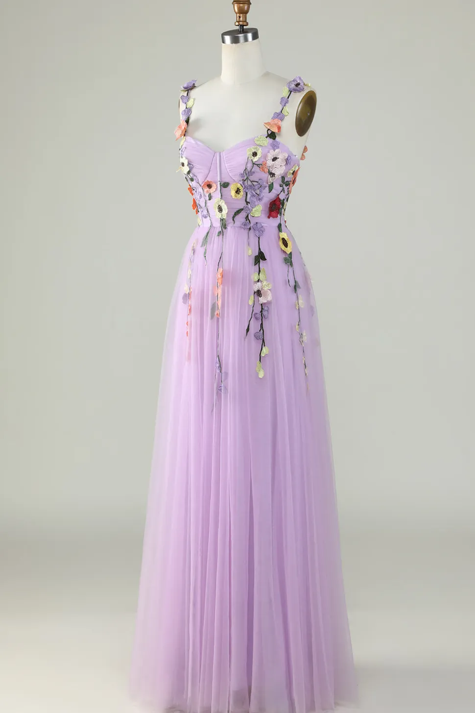 A Line Roxo Espaguete Alças Vestido de Festa Com Flores 3D