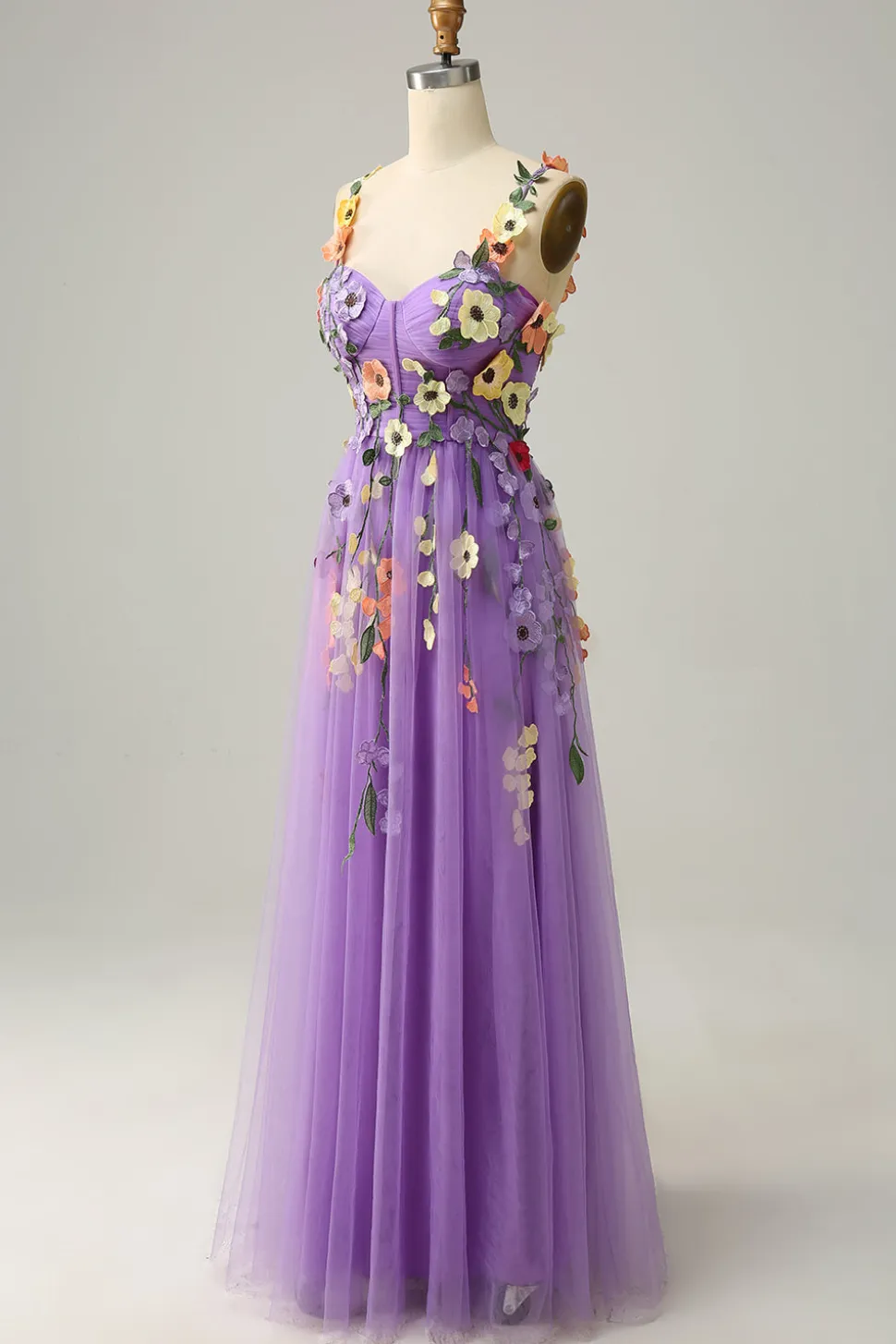 A Line Roxo Espaguete Alças Vestido de Festa Com Flores 3D
