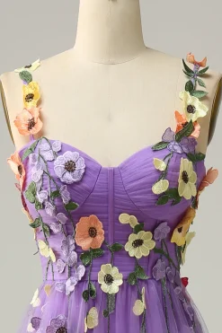 A Line Roxo Espaguete Alças Vestido de Festa Com Flores 3D