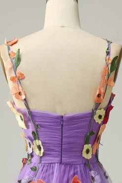 A Line Roxo Espaguete Alças Vestido de Festa Com Flores 3D
