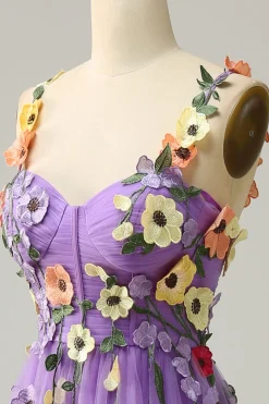 A Line Roxo Espaguete Alças Vestido de Festa Com Flores 3D