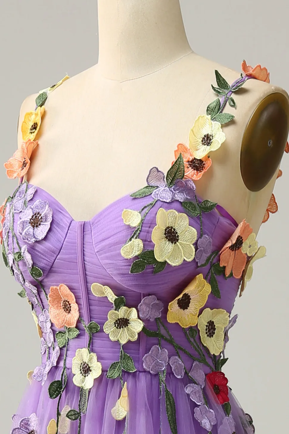 A Line Roxo Espaguete Alças Vestido de Festa Com Flores 3D