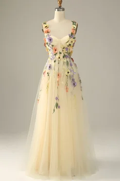 A Line Roxo Espaguete Alças Vestido de Festa Com Flores 3D