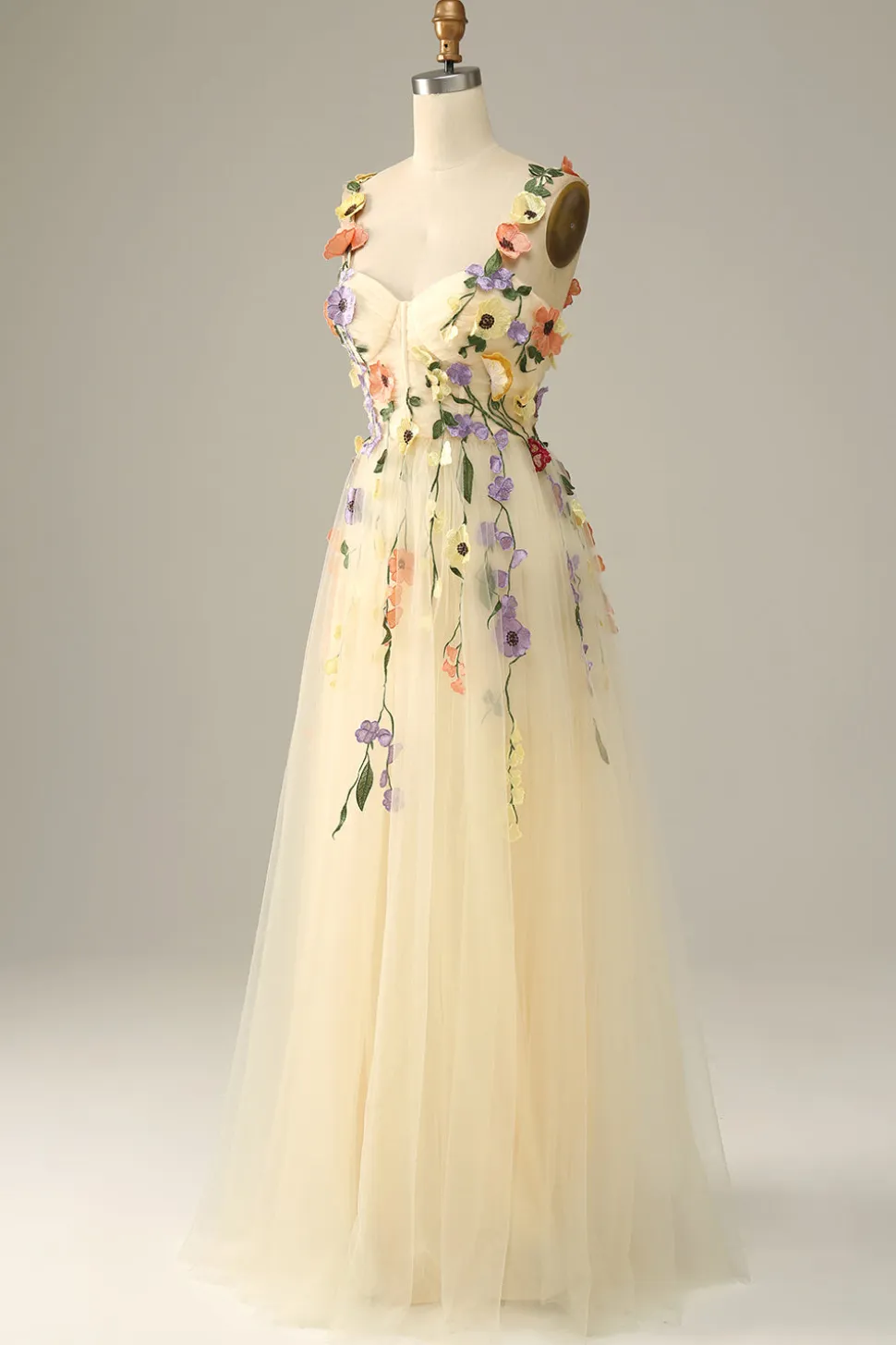 A Line Roxo Espaguete Alças Vestido de Festa Com Flores 3D