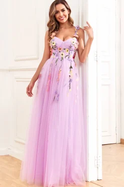 A Line Roxo Espaguete Alças Vestido de Festa Com Flores 3D