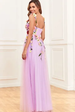 A Line Roxo Espaguete Alças Vestido de Festa Com Flores 3D