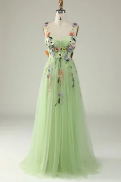 A Line Roxo Espaguete Alças Vestido de Festa Com Flores 3D