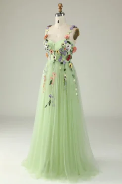 A Line Roxo Espaguete Alças Vestido de Festa Com Flores 3D