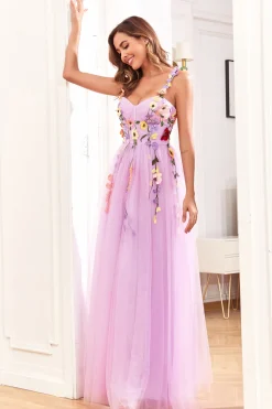A Line Roxo Espaguete Alças Vestido de Festa Com Flores 3D