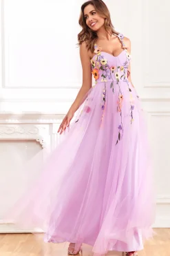 A Line Roxo Espaguete Alças Vestido de Festa Com Flores 3D