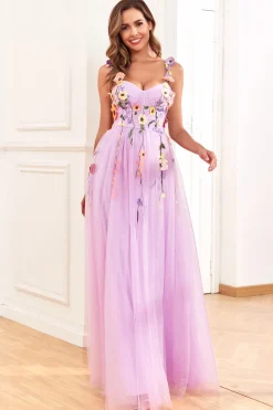 A Line Roxo Espaguete Alças Vestido de Festa Com Flores 3D