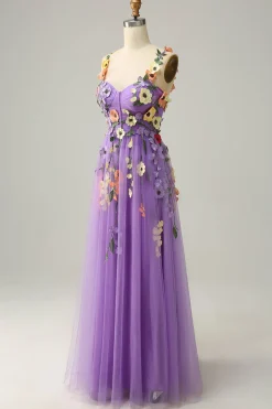 A Line Roxo Espaguete Alças Vestido de Festa Com Flores 3D
