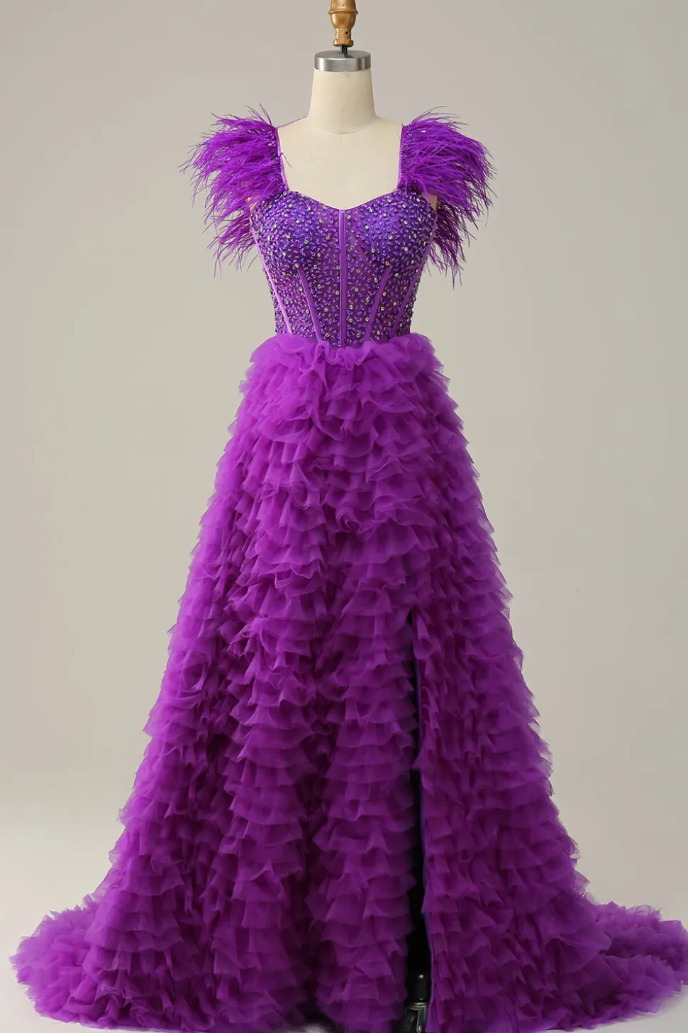 A Line Roxo Vestido de Festa Com Penas