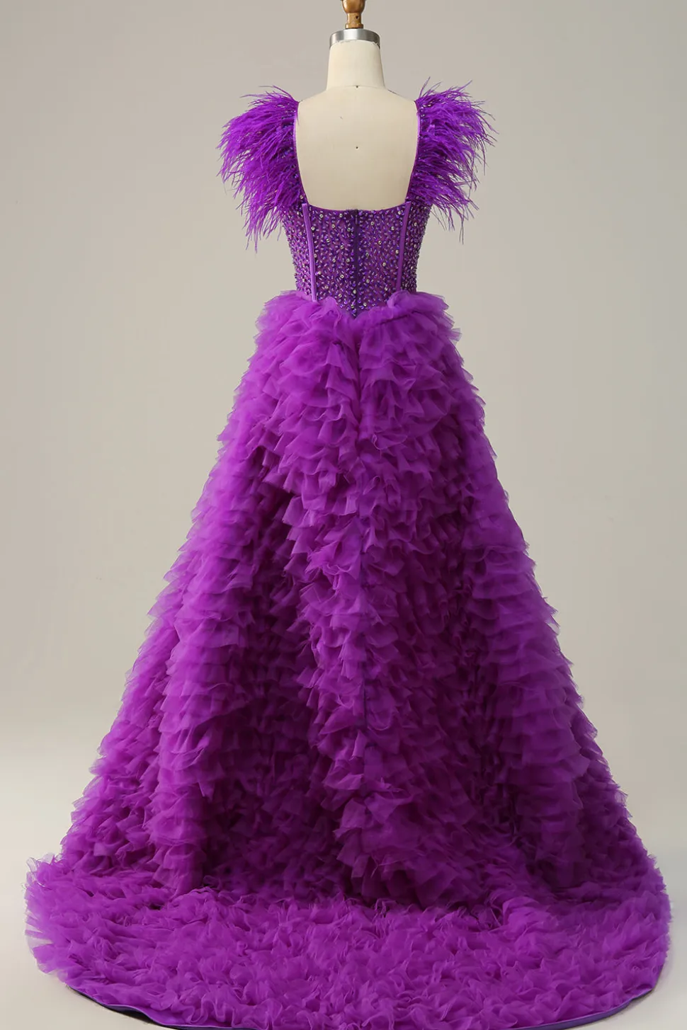 A Line Roxo Vestido de Festa Com Penas
