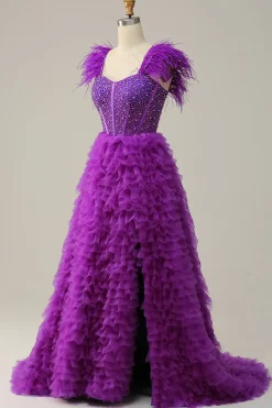 A Line Roxo Vestido de Festa Com Penas