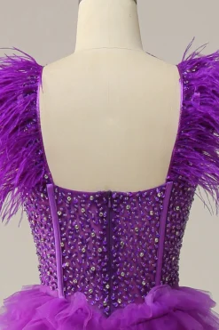 A Line Roxo Vestido de Festa Com Penas