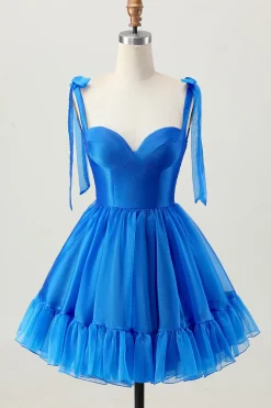 A Line Royal Blue Spaghetti Correias Folhos Vestido Homecoming