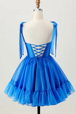 A Line Royal Blue Spaghetti Correias Folhos Vestido Homecoming
