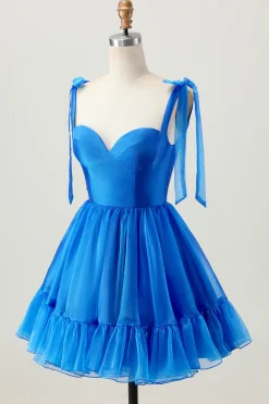 A Line Royal Blue Spaghetti Correias Folhos Vestido Homecoming