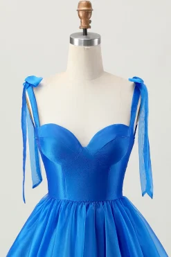 A Line Royal Blue Spaghetti Correias Folhos Vestido Homecoming