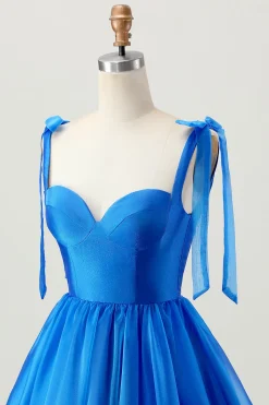 A Line Royal Blue Spaghetti Correias Folhos Vestido Homecoming
