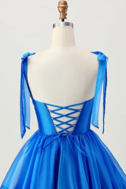 A Line Royal Blue Spaghetti Correias Folhos Vestido Homecoming