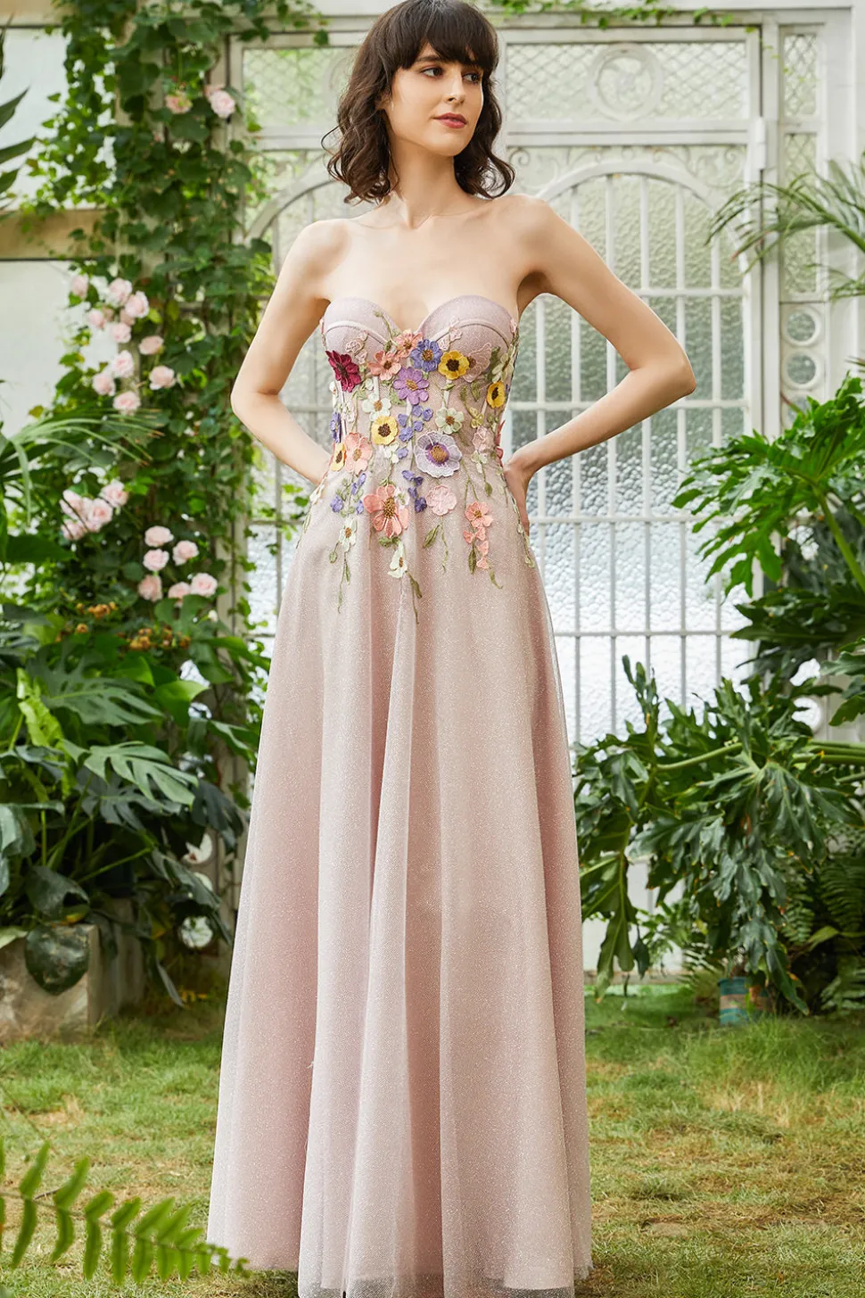 A Line Sem Cintas Rosa Vestido de Festa Com Flores 3D
