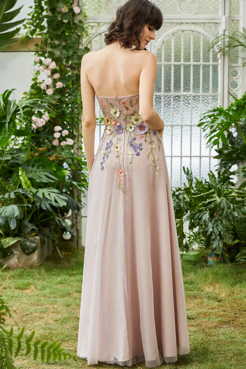 A Line Sem Cintas Rosa Vestido de Festa Com Flores 3D