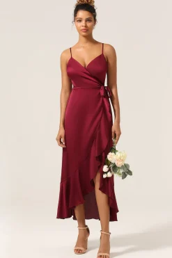 A Line Spaghetti Straps Vestido de Madrinha com Folhos