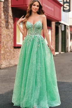 A Line Sparkly Light Green Espaghetti Straps Corset Tulle Prom Dress with Slit