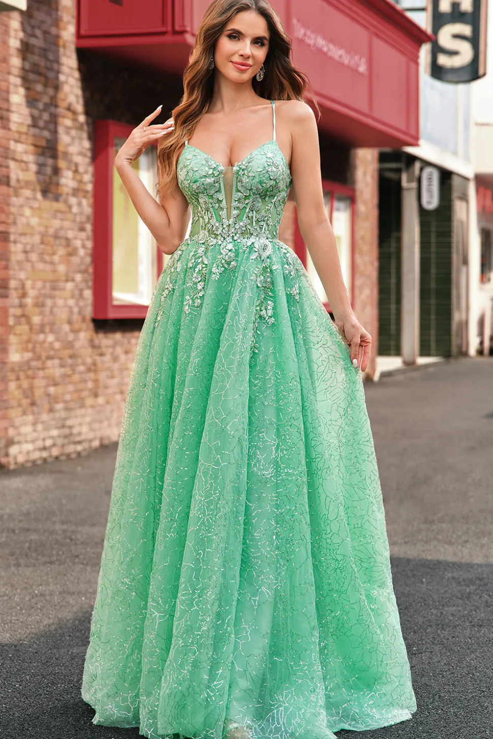 A Line Sparkly Light Green Espaghetti Straps Corset Tulle Prom Dress with Slit