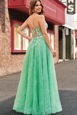 A Line Sparkly Light Green Espaghetti Straps Corset Tulle Prom Dress with Slit