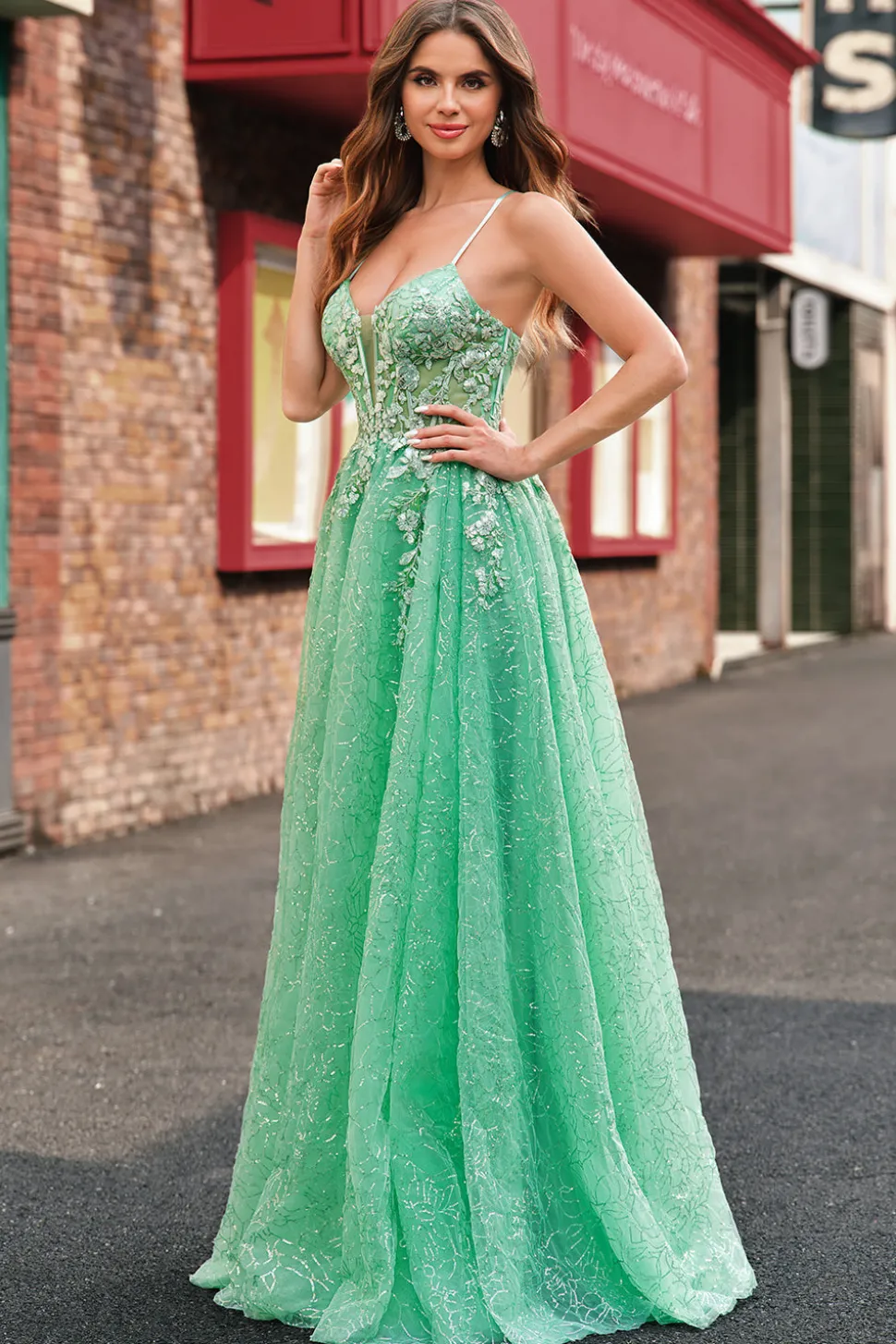 A Line Sparkly Light Green Espaghetti Straps Corset Tulle Prom Dress with Slit