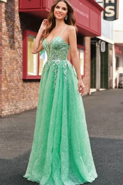 A Line Sparkly Light Green Espaghetti Straps Corset Tulle Prom Dress with Slit