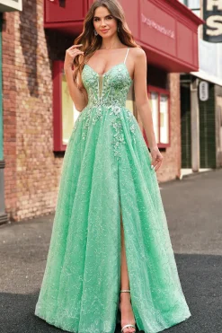 A Line Sparkly Light Green Espaghetti Straps Corset Tulle Prom Dress with Slit
