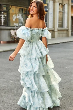 A Line Square Neck Light Blue Tiered Vestido Floral Long Prom com Folhos